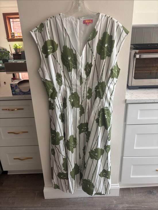 THML Dresses & Skirts - THML White Midi Dress with Olive Green Floral Print